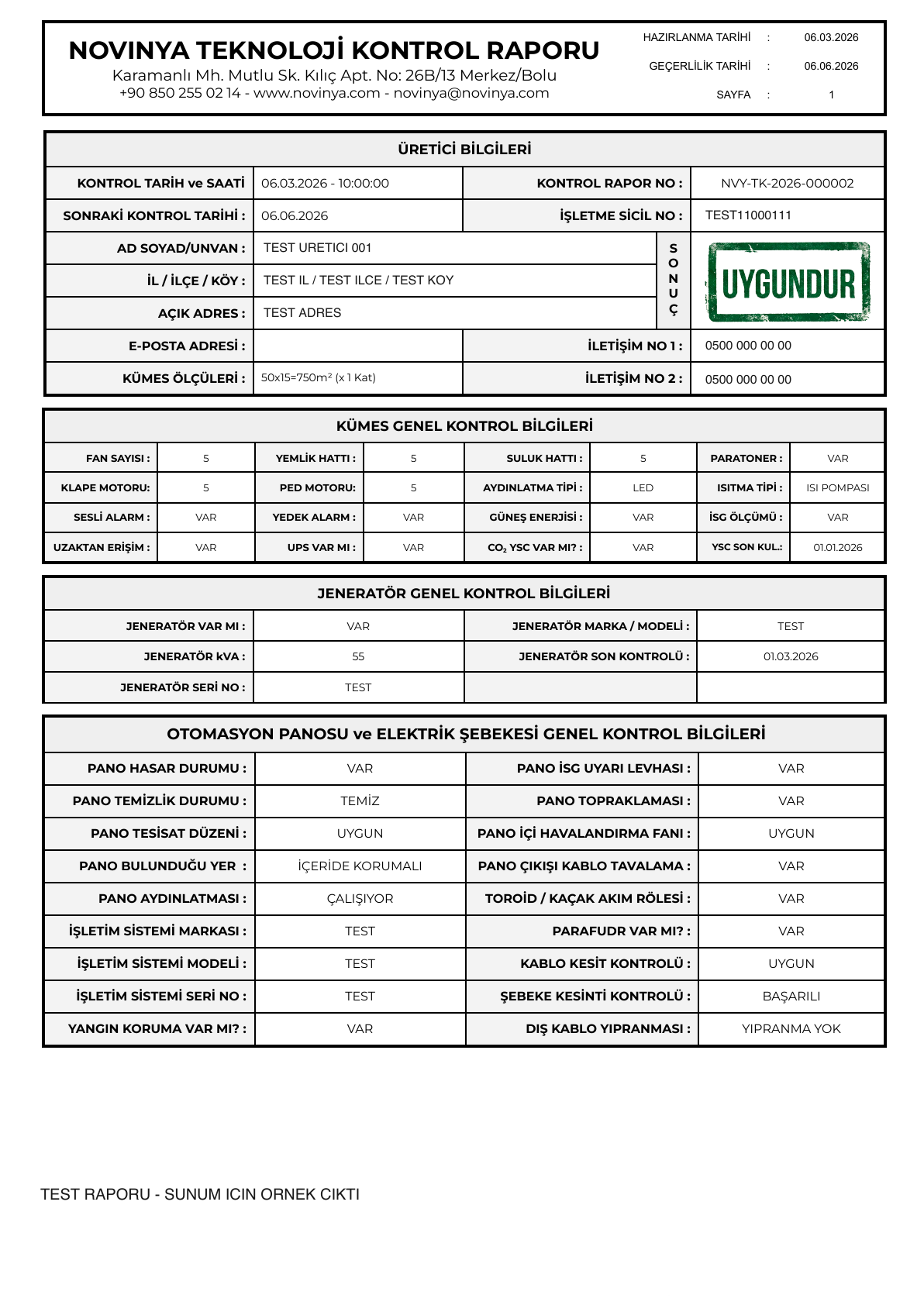Saha kontrol verilerinden oluşturulan örnek PDF raporu