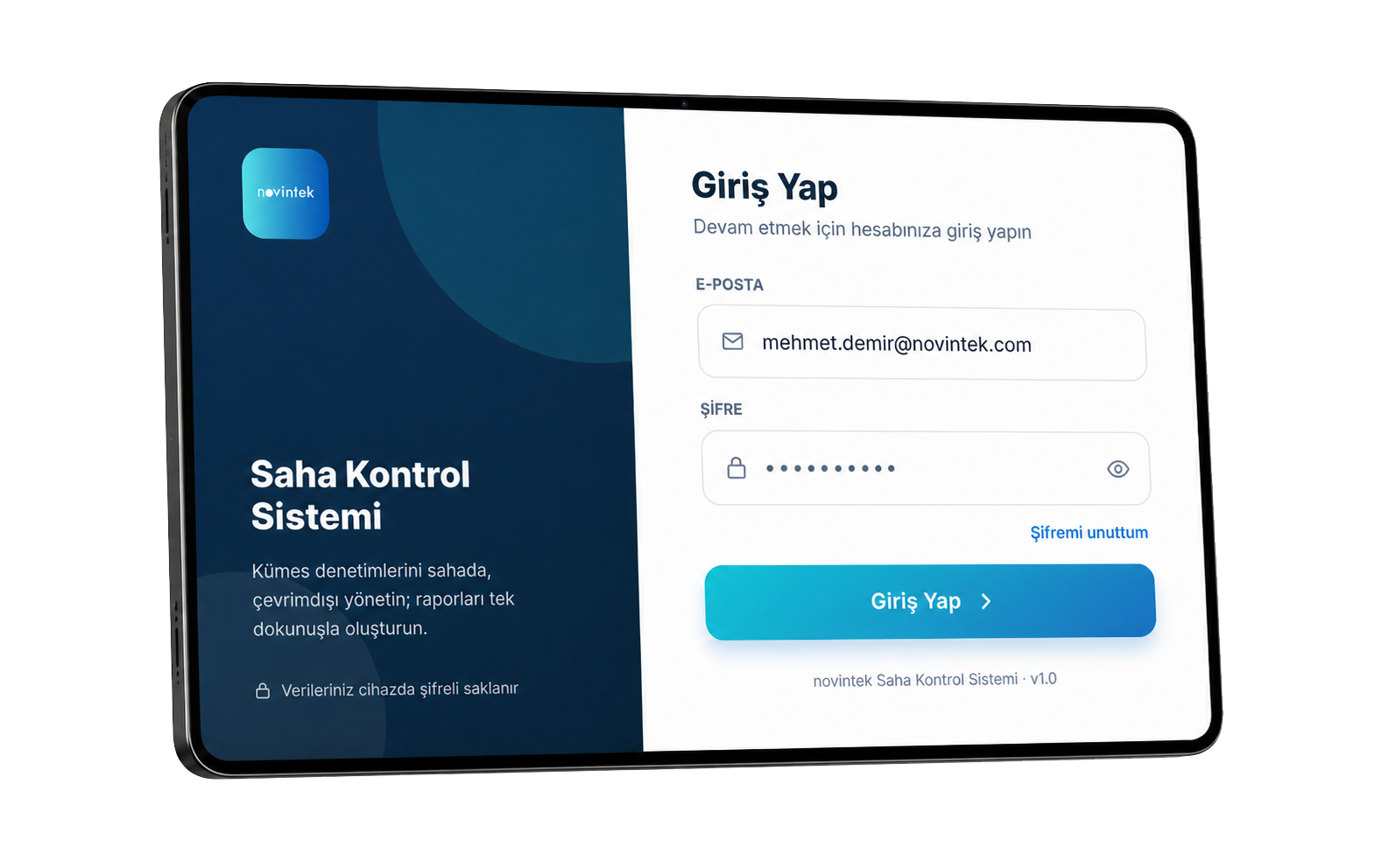 Novintek saha kontrol sisteminin tablet giriş ekranı