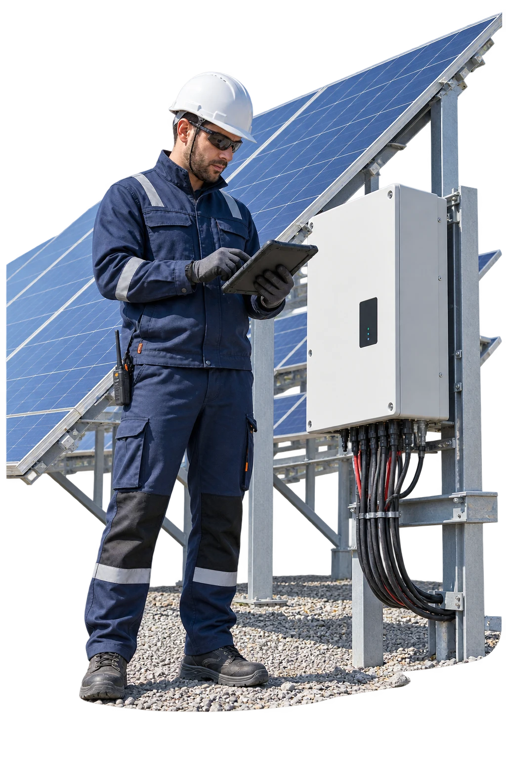 Güneş enerjisi santralinde inverter ve panel dizilerini kontrol ederken verileri tablete kaydeden bakım teknisyeni